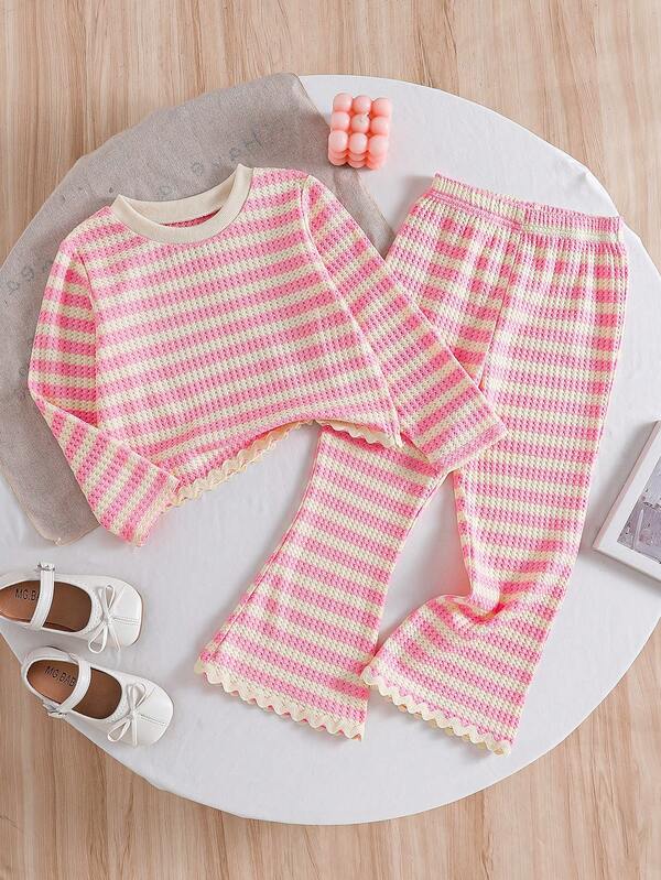 Conjunto de 2 piezas para niñas con top corto de cuello redondo a rayas minimalista casual y pantalones largos para primavera/otoño