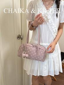 CHAIKA & KILTER 1 buah Tas Bahu Bowling Fashion Wanita Bahan PU Warna Solid dengan Jahitan Quilted Kontras Polka Dot di Seluruh Permukaan, Desain Pegangan Ganda, Penutup Resleting, Cocok untuk Penggunaan Sehari-hari dan Jalanan (Dijual dengan Liontin) - Berwarna merah muda - View 7