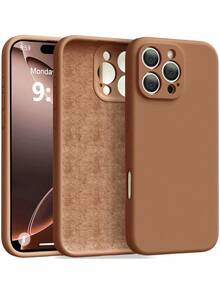 防震矽膠手機殼，適用於 Apple 17/16/Pro Max、S23 Ultra，復古咖啡棕液態矽膠材質，內建柔軟法蘭絨內裡，全鏡頭覆蓋，吸震手機保護殼，適合男士、女士、青少年日常、學校、辦公室、旅行、夏季戶外使用，1件防滑極簡軟防摔手機殼 - 棕色 - 查看 10