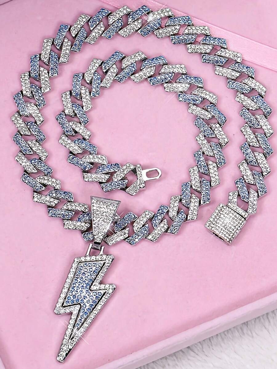 Dual-Color Blue & White Rhinestone Cuban Chain Necklace With Sparkling Lightning Bolt Pendant, Perfect Match For Sweatshirts And Leather Jackets, Effortlessly Create Rap Party Style, Great Gift For Hip-Hop Enthusiasts And Y2K Fashion Fans - Necklace With Full Blue Lightning Pendant - View 1