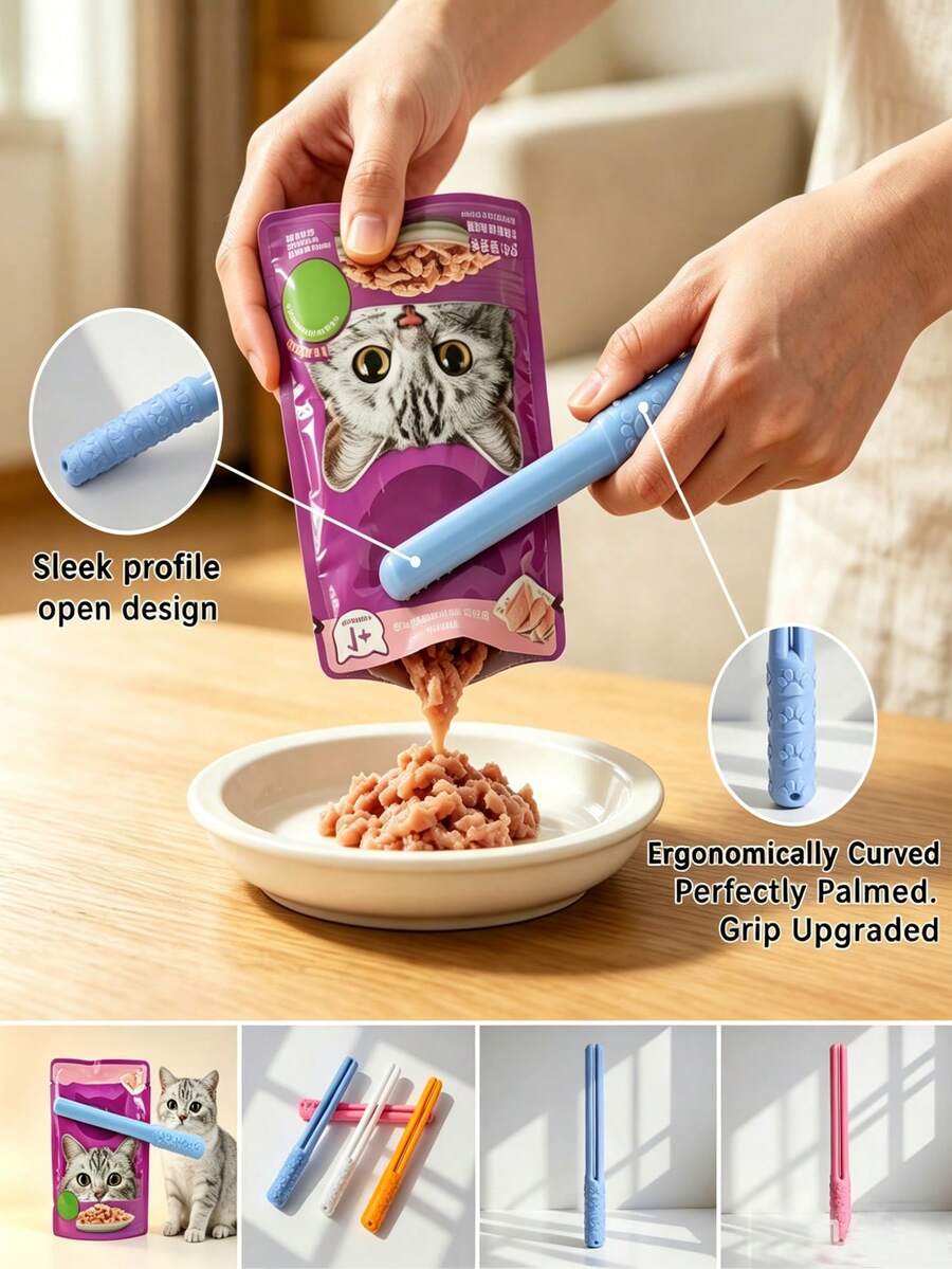 全新鮮包濕糧擠壓工具，彎曲手柄貼合掌心，升級握感，免用手擠壓！保護指甲，開放式設計適用多種食品袋尺寸，便攜式寵物濕糧/餐包擠壓工具，可愛貓爪手柄設計，操作簡單，易於清潔
