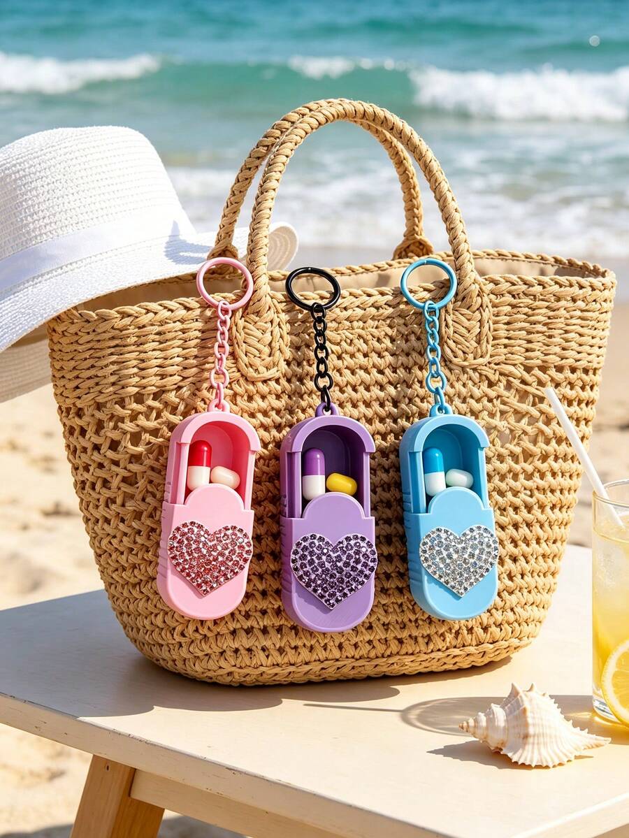 Portable Pill Box With Keychain, Portable Slide-Out Small Pill Box With Heart Pattern, Pill Storage Box For Office Workers, Travel Medicine Storage Box, Pocket Pill Box, Compact Small Pill Box, Daily Pill Storage Container, Waterproof Pill Box With Keychain Chain, Home Essential, Suitable For Work, Travel, School - Multicolor - View 1