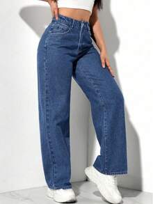 Calça Wide Leg Pantalona Jeans Feminina Cintura Alta Levanta Bumbum PLUS Size - Lavagem escura - Visão 3