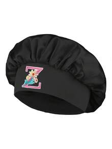 個性化字母緞面髮帽，寬版舒適髮帶，客製化姓名縮寫刺繡睡眠帽，粉色絲綢夜帽，女孩禮物 - 彩色字母刺繡黑色 - 查看 34