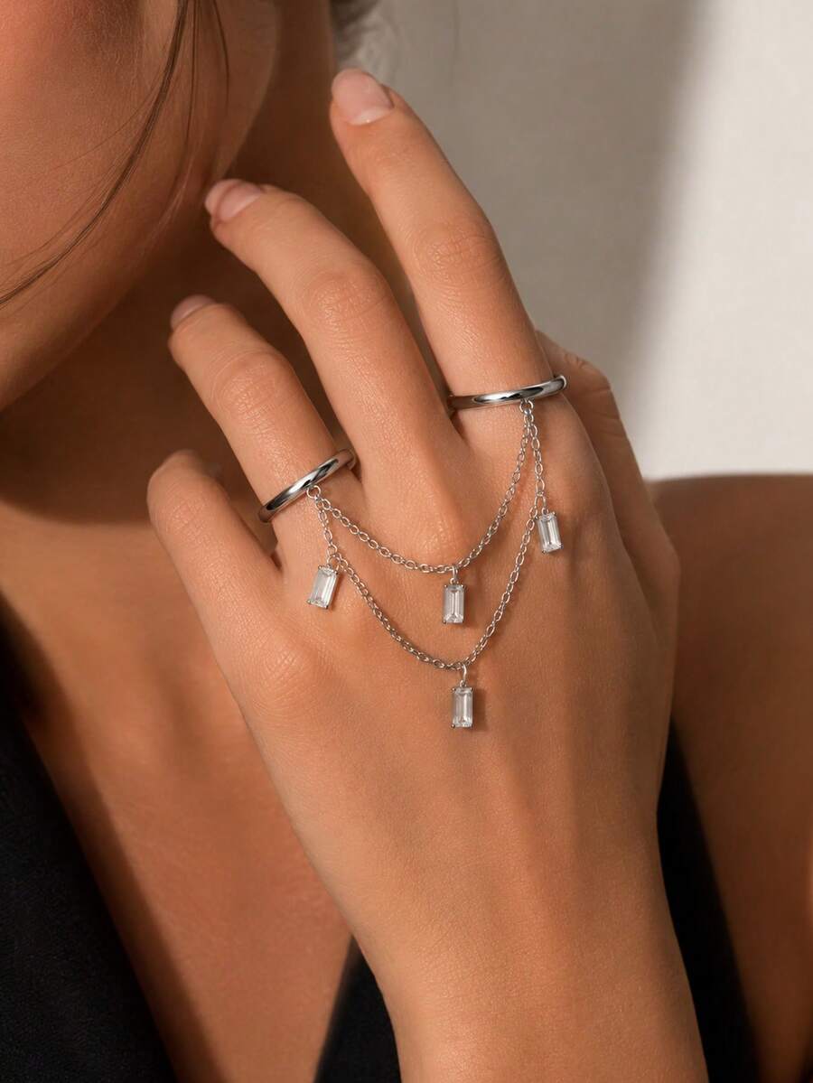 STONEFANS 1 pieza Nuevo anillo multicapa para mujer, diseño de nicho, accesorio de anillo de dedo versátil de moda minimalista exquisita - Plateado - View 1