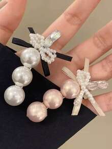 1pc Korean Style Gentle Gradient Draping Pearl Hair Clip, Mini Satin Bow Decor Alligator Hair Clip, Side Hair Clip For Girls Date Atmosphere - Multicolor - View 1