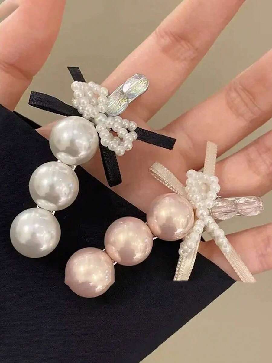 1pc Korean Style Gentle Gradient Draping Pearl Hair Clip, Mini Satin Bow Decor Alligator Hair Clip, Side Hair Clip For Girls Date Atmosphere - Multicolor - View 1