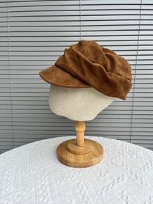 1pc Women's Autumn/Winter Brushed Brushed Slimming Equestrian Cap, Versatile Pleated Flat Top Duck Bill Hat, - Solid Color Dumpling Equestrian Hat - View 7