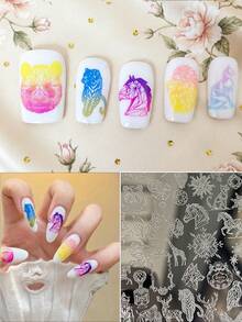 satki Animal Mixed Pattern Mother Of Pearl Inlay Nail Art Stamping Plate With Backing Board, Beginner-Friendly No-Hand-Painting Nail Decoration Transfer Template Nail Tool - Multicolor - View 4