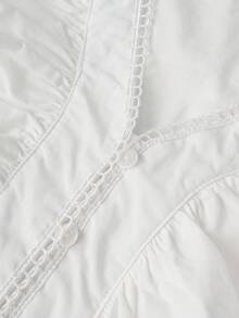 Women's Casual V-Neck Long Sleeve Blouse With Ruffle Trim, Cinched Waist And Asymmetrical Lace Hem - White - View 6
