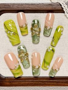 10pcs Handmade Rectangle Press On Nails, Nude Lime Green Color With Marble Wave French Edge, Fresh Two-Tone Gradient, 3D Golden Metal Flower, Wavy Textured Gel-X Nails, And Pearl Gold Bead Pattern Nail Tips. Suitable For Party, Great Gift For Women - Multicolor - View 3