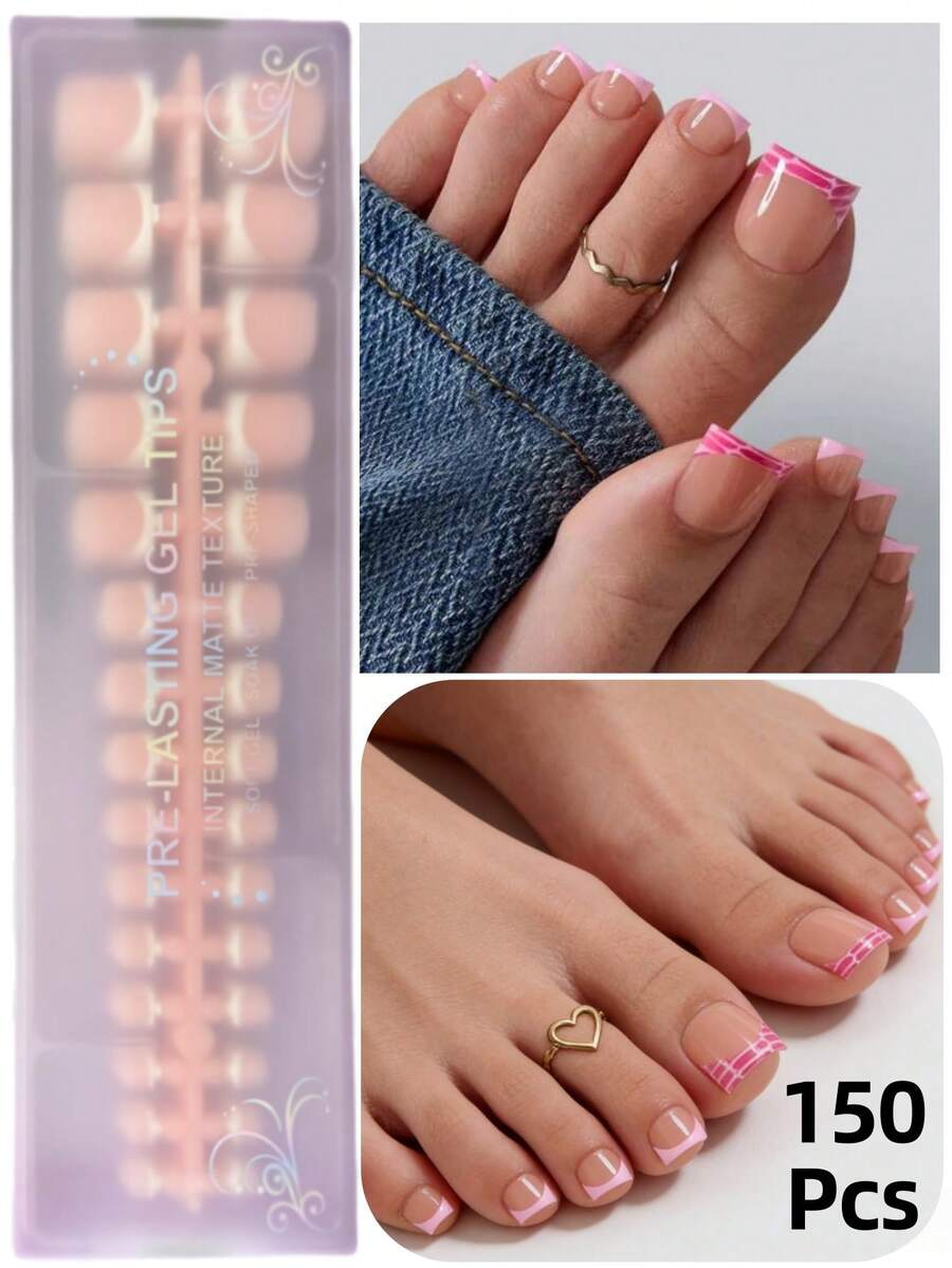 150pcs Short Square Wearable Toe Nail Tips, Pink Leopard Print Nude French Tip Soft Gel Nails, DIY Fake Nails, Minimalist Versatile, 15 Sizes, Suitable For Women