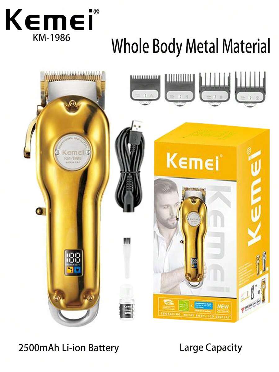 Kemei KM-1986 Tondeuse à cheveux professionnelle tout métal électrique pour hommes, tondeuse de coiffeur à forte puissance, sans fil, rechargeable par USB, tondeuse à cheveux réglable, tondeuse à cheveux de haute qualité, machine à couper les cheveux, cadeau pour hommes