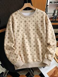 1pc Boys' Casual Vacation Fashion Luxury Brand All-Over Print Loose Fit Comfortable Crew Neck Long Sleeve Sweatshirt, Autumn/Winter - Khaki - View 7