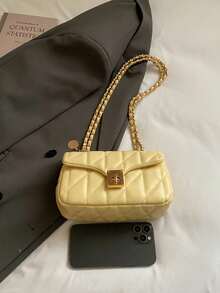 Fashion Solid Color Quilted Twist Lock Shoulder Bag - Yellow - View 3