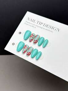 10 Pieces Of Hand-Made Nails, Short Almond-Shaped Push-On Fake Nails, Lake Blue Nail Surface With Hand-Painted Red And Yellow Flowers And Vertical Lines, Suitable For Daily Wear By Ladies And Girls, Comes With A Nail Set Handmade Press On Nails - Multicolor - View 1