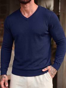Men's V-Neck Knit Long Sleeve T-Shirt Top, Casual Thin Base Layer Sweater For Autumn/Winter - Navy Blue - View 3