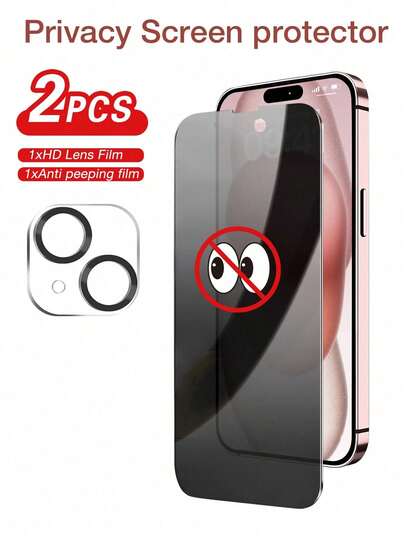 1pc Anti-Peeping Tempered Glass Screen Protector + 1pc Lens Protector, Compatible With IPhone 11-17 Series, Full Screen Coverage Privacy Protection Glass Film, Anti-Peeping, Anti-Scratch, Anti-Oil, Anti-Drop, Anti-Impact, Anti-Explosion, Anti-Shatter, Compatible With Phone Case Design, High Definition Clarity, Does Not Affect Use.