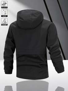 Men's Jacket, Suitable For Spring And Autumn, With Hood; Fashion Casual Jacket, Made Of Windproof And Wear-Resistant Fabric; Waist With Letter Logo, Side With Zipper Pockets; Perfect For Work, Outdoor Activities And Daily Wear - Black - View 2
