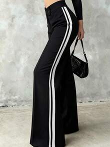 Women's Casual Elegant Black Straight-Leg Pants With Woven Belt, Essential Back-To-School Item, Asymmetric V-Waistline Accentuates Curves Summer - Black - View 3