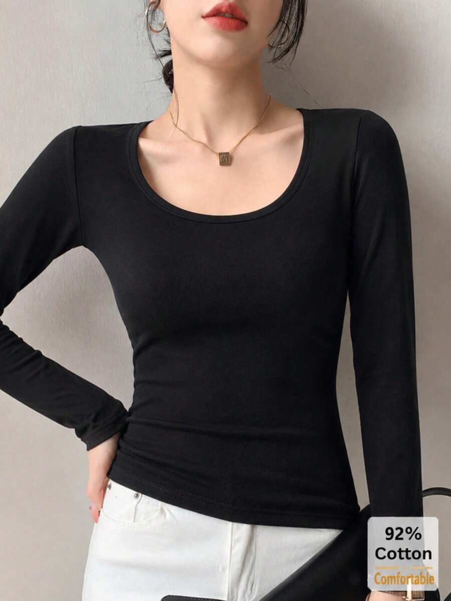 Women's Long Sleeve T-Shirt, Black Big U-Neck Top, Slimming Solid Color Inner Layer Base Layer, Versatile For Autumn/Winter - Black - View 1