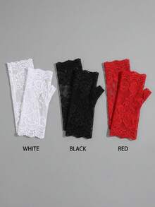 1 Pair Women's Elegant 3D Floral Lace Fingerless Gloves, Breathable Hollow Mesh Design, Suitable For Wedding, Party And Daily Wear - Multicolor - View 7