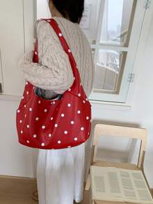 Women's Shoulder Bohemian Style Large Capacity White Polka Dot Faux Leather Snap Button Casual Daily Shopping Travel Bag - Red - View 7