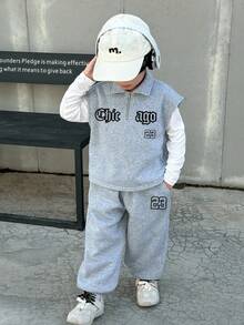 Young Boy Letter Print Warm Vest And Sweatpants Casual Set - Grey - View 3