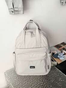 Fashionable Versatile Solid Color Nylon Fabric Student Backpack, Women's Mini Water-Resistant Campus Daily Backpack, Suitable For High School And College Students, Compact Travel Shoulder Bag, Waterproof Business Commute Backpack, Multi-Pocket Functional Backpack, Back To School Essential, Student University Bag - White - View 8