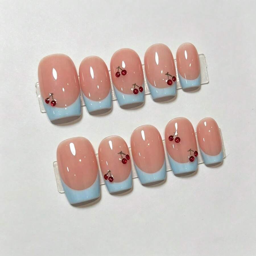 10Pcs Sweet Cherry Square Press On Nails, Nude Blue French False Nails With Red Crystal Cherry, Reusable Nail Art For Summer Trip, Graduation, World Cup, Independence Day Daily Wear Handmade Press On Nails - Multicolor - View 1