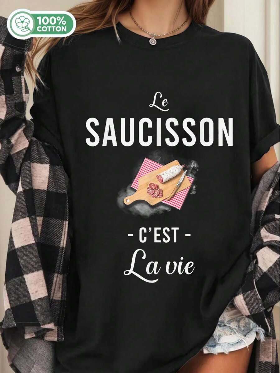 T-Shirt Y2K Le Saucisson C'Est La Vie Chemise Amusante T-Shirt, Noir, 220G - Blanc - Voir 1