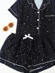 2件組女款舒適星星迷你圓點印花翻領鈕扣短袖口袋上衣與蝴蝶結短褲睡衣居家服套裝，春夏款，適合居家使用 - 寶藍色 - 查看 6