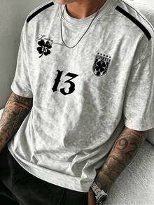 男士夏季短袖T恤，數位13圖案印花，透氣針織布料，適合日常居家穿著 - 白色 - 查看 2
