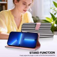 GLANDOTU Black & White Vertical Striped PU Leather Wallet Phone Case, Flip Cover Design, Multi-Card Slots, Built-In Stand, Shockproof Protection, Compatible With Multiple Phone Models - Multicolor - View 3