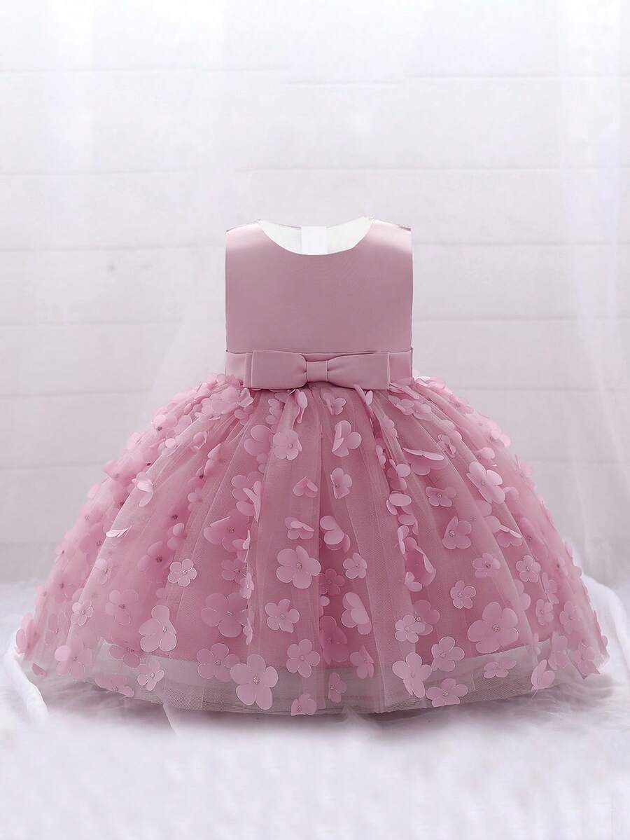 Baby Girls Sleeveless Solid Color 3D Flower Bow Mesh Princess Dress For Party And Outdoor, Headband Not Included - Dusty Pink - View 1