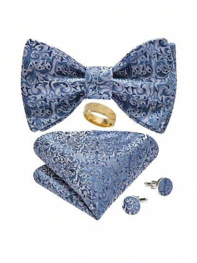5PCS Men's Pale Light Blue Bow Tie Set With Pocket Square, Cufflinks & Ring, Clean Fresh Style For Wedding, Prom, Party And Gift