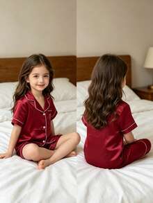 Burgundy Heart Embroidery Children's Pajama Set, Girls' Short Sleeve Loungewear 2 Pieces Set - Burgundy - View 2