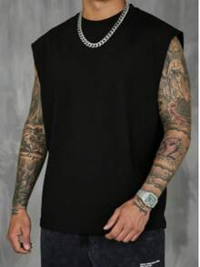 Camiseta regata masculina básica preta de lona com gola redonda, comprimento regular, sem mangas e sem elasticidade. - Preto - Visão 3