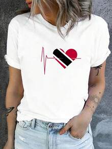 Elegante Camiseta de Mujer con Diseño de Corazón y Bandera de Trinidad y Tobago - Camiseta casual de manga corta y cuello redondo. Estampado geométrico, tela transpirable, lavable a máquina, - Blanco - Ver 1