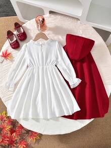 Vihyde Set 2 Potong Gaun Rompi Hijau dengan Patchwork Renda Leher Bulat dan Jubah Hoodie untuk Anak Perempuan Muda, Gaya Dua Potong Palsu, Halloween - Putih - View 4