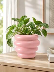 1pc Pink & Yellow-Green Plant Pot, Minimalist Nordic Style, Round Wavy Design, Home Desktop Decor Flower Pot, Living Room Balcony Windowsill Gardening Display Scene - A - View 5