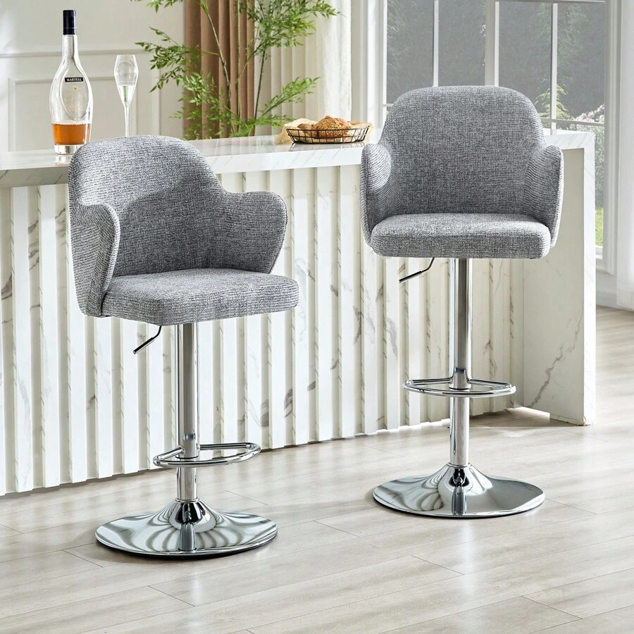 Modern Bar Stool Set (Set Of 2) / High-Quality Linen Bar Stools, -Plated Steel Frame / Easy To Install / High Load Capacity / Suitable For Home Bars And Restaurants - 灰色 - 查看 1