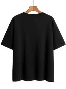 Cute And Fun T-Shirt With Cat Print, Short Sleeves And Round Neck. - 黑色 - 查看 3