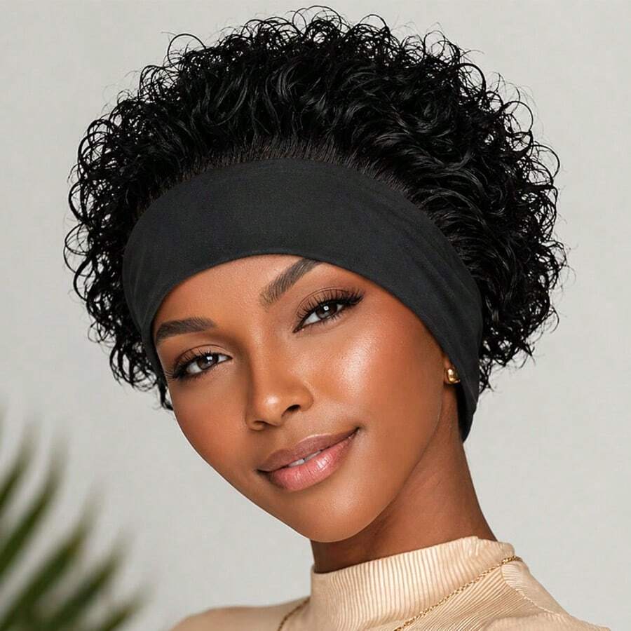 Peruca Cacheada Pixie Cut com Tiara, Peruca Preta Fofa de Cabelo Humano, Peruca Curta Feminina para Uso Diário e Feriados