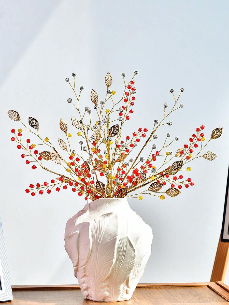 1pc Shiny Rhinestone Alloy Leaf Flower Branch Artificial Flower Fashion Crystal Decor Artificial Flower Holiday Gift Bouquet Durable No Maintenance Suitable For Wedding Decoration Home Tabletop Decor