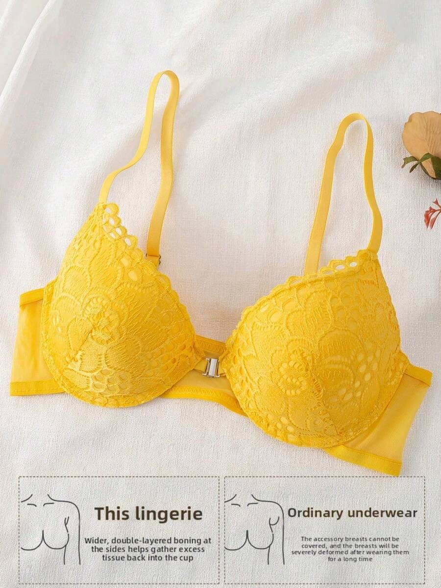 Bra Push-Up Berkawat Seksi Berenda Jacquard Warna Polos untuk Wanita, Cup Empuk Tebal yang Nyaman, Penutup Depan dan Tali Bahu yang Dapat Diatur - Kuning - View 1