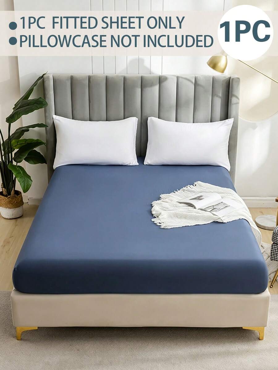 1pc Fashion Solid Color Brushed Single Fitted Sheet (Bed Cover/Mattress Protector) - Soft, Comfortable, Breathable, Anti-Pilling, Home Decor, Suitable For All Seasons; Fits Multiple Bed Sizes (Twin, Full, Queen, King); Dust-Proof Design; Pillow And Pillowcase Not Included. - Dusty Blue - View 1