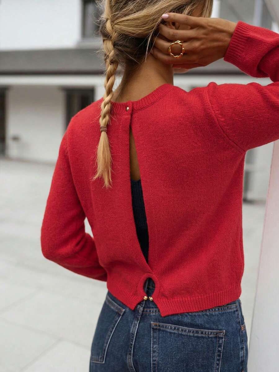 SEREN New Autumn/Winter Crew Neck Red Back Cut-Out Long Sleeve Women's Sweater, Button-Neck Knit Pullover Top, Suitable For Daily Wear - Red - View 1