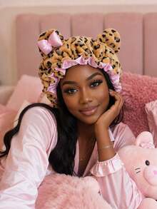 CONFLASS Leopard Print Bear Ear Satin Lined Sleep Cap, Cute Pink Bow Fleece Headband, Women's Curly Hair Protection Night Cap, Soft Plush Sleep Headband - Multicolor - View 4
