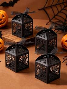 10/20pcs Halloween Black Hollow Spider Web Pattern Gift Boxes Equipped With Decorative Ribbons, Premium Laser Cut Paper Packaging Cases, Ideal For Spooky Themed Party Supplies, Mini Ornaments, Tiny Decorations & Small Sundries Storage - Multicolor - View 2